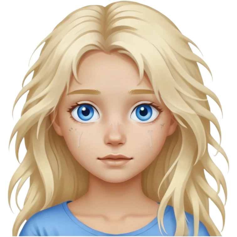 Girl with white paint on face with long blond messy air, blue eyes emoji