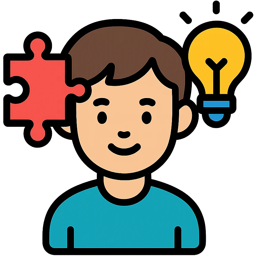 boy’s face with a puzzle piece and lightbulb, representing genius emoji