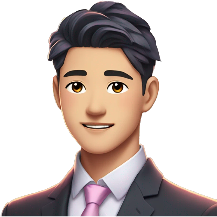 Gorgeous romantic anime style Asian formal modern gentlemanly guy with flowers and blushing face aesthetic trending style outside with colorful gradient colors emoji
