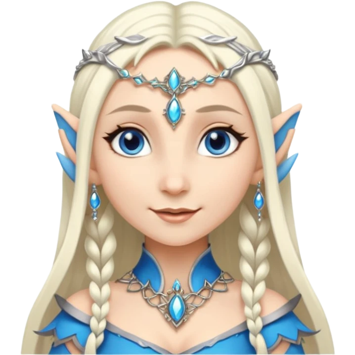elf princess with pointy ears, white skin, silverblond hair with jewellery, blue eyes, gentle smile emoji