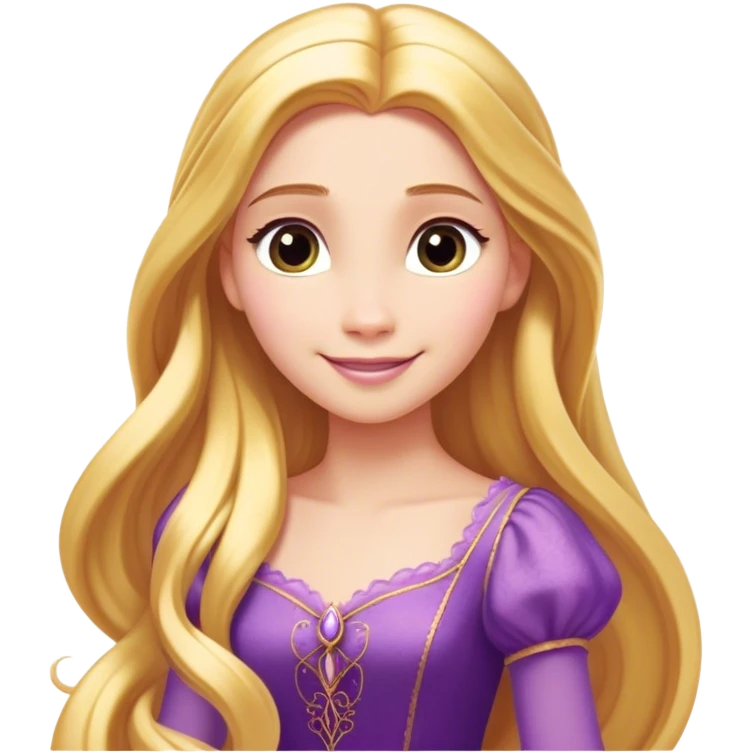 Cinematic Radiant Rapunzel Portrait Emoji, rendered in a flat vector style with clean proportions. Show Rapunzel with a gentle smile, fair, glowing skin, and her iconic long golden hair cascading softly, wearing a simple, elegant purple dress. The image radiates a warm, enchanting glow, high shine, and is accentuated by a soft glowing outline. emoji