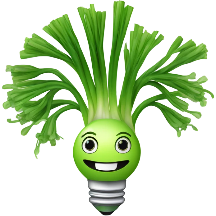 Smiling green onion with a bundle of long, thin green stalks as hair, big expressive eyes, and a cheerful cartoonish face on the white bulb section. Vibrant and playful design. emoji