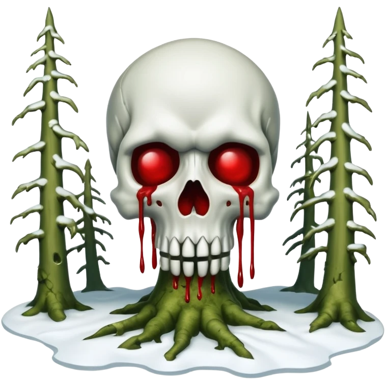 A surreal Alaskan snow covered landscape with mossy trees, in the style of your bleeding skull art. emoji