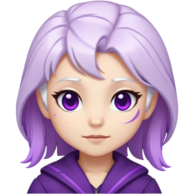 Chibi Sable Ward with playful wink, white hair with purple streaks, fully purple eyes, with small GG text appearing beside her emoji