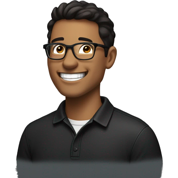 latino laughing male data science engineer with closely shaved dark brown hair and five o clock shadow wearing a black polo shirt and glasses, not a full body emoji