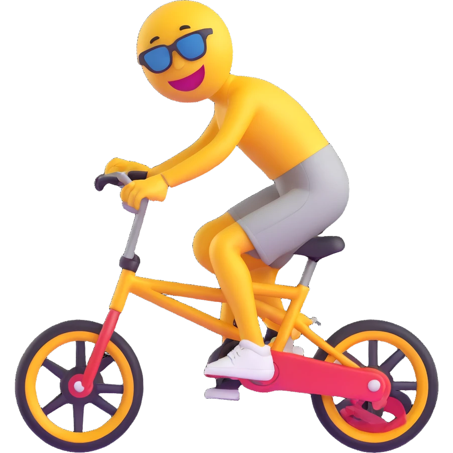 3D smiley emoji, round shape, with BMX bike, sporty face, transparent background (BMX) emoji