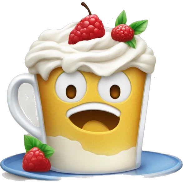 piring putih berisikan kue vanilla dan secangkir susu berserta ada sendoknya emoji