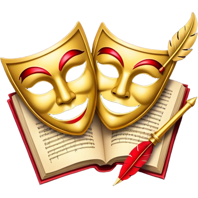 Create a bold and dramatic emoji representing the art of playwriting. The design should feature an open script or a theater playbook, with stylized text lines or dramatic dialogue inside. Include elements like a theatrical comedy and tragedy masks, a stage spotlight, or a quill to symbolize creativity and performance. Use deep, contrasting colors like red, black, and gold to evoke the intensity and passion of drama. The overall design should feel dramatic, inspiring, and artistic. Make the background transparent. emoji