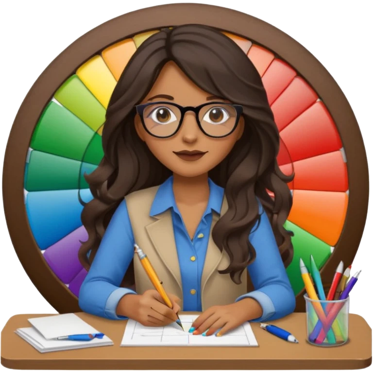 female dark wavy long hair graphic designer , color wheel, pens, papers , desktop emoji
