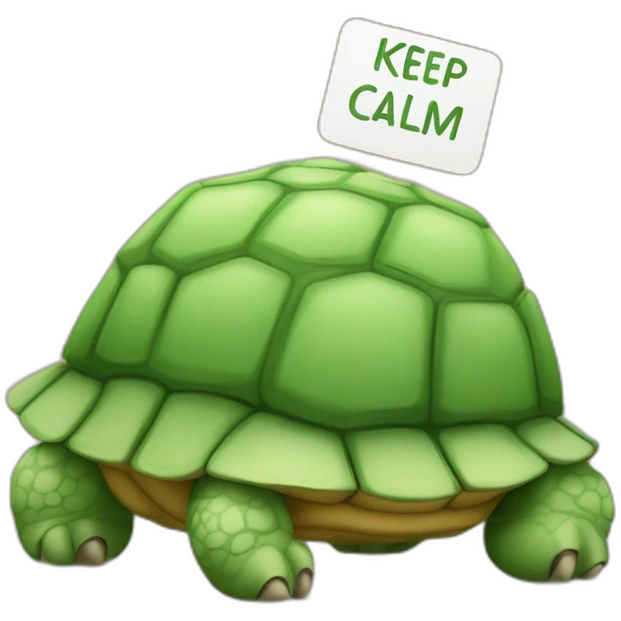 A cute tourtoise with a card saying ”keep calm” emoji