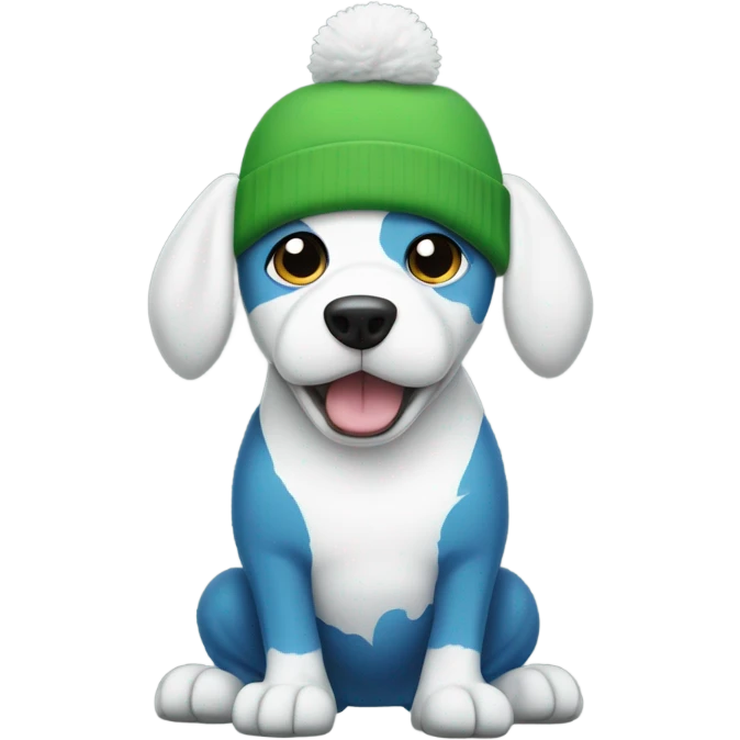White dog with green beanie with a frog on the beanie, the dog is white, and also has a blue tanktop and baggy jeans, the dog is also standing up on its legs. emoji