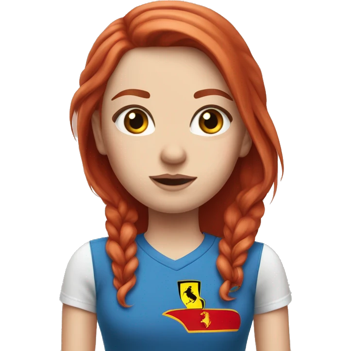 Pale skinned white girl With straight red hair and blue eyes wearing a Ferrari shirt and rolling her eyes emoji