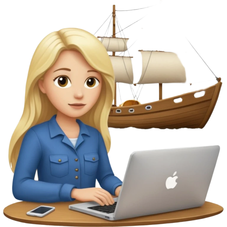 a blondie woman with long hair working with a computer laptop and a grains vessel (boat) around emoji