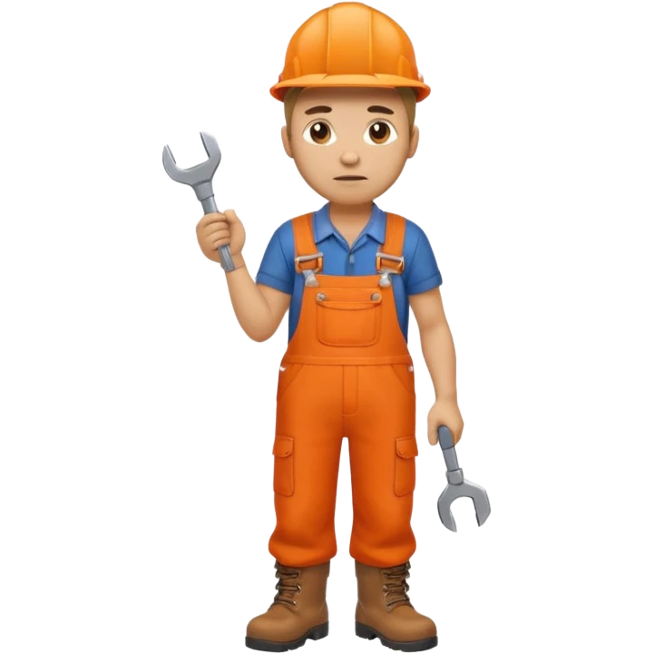 railway engineer, looking tired in orange overalls, boots, holding a spanner emoji emoji