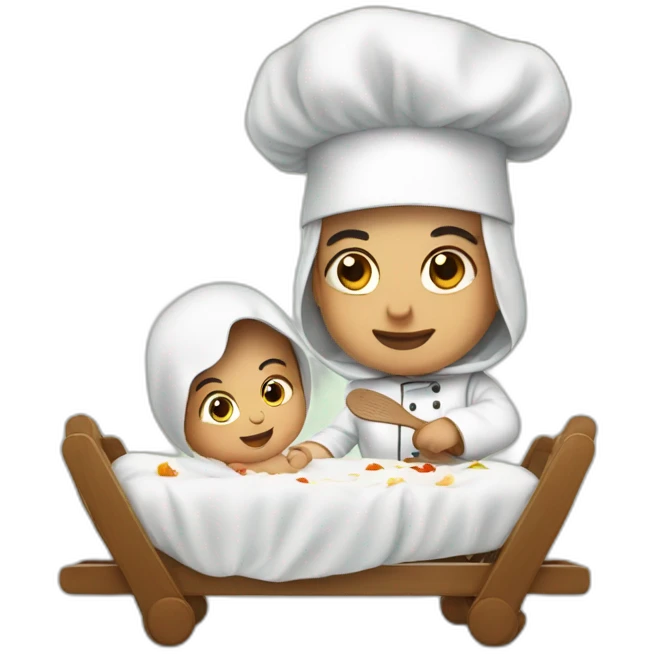 Arab slicing chef in traditional Palestinian outfit baby in crib emoji