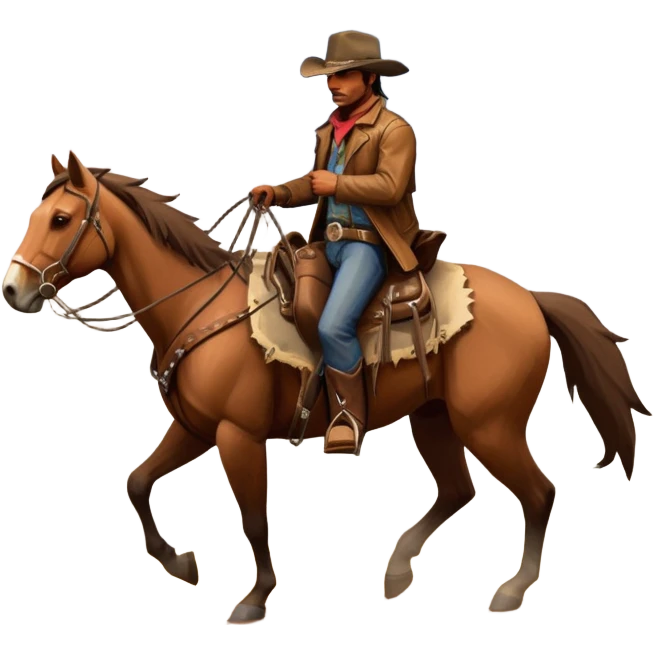 An icon representing an adventure game, inspired by Red Dead Redemption II. The design features a rugged cowboy riding a horse through a vast, open landscape with mountains, deserts, and wild animals. The atmosphere conveys exploration, action, and the thrill of the journey. Transparent background emoji