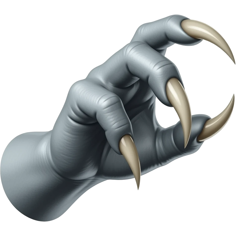 Demonic dark silver hand with long sharp dark ivory color claws attacking towards the right. Shift the perspective to a side profile to show the curvature and length of the claws more clearly. emoji