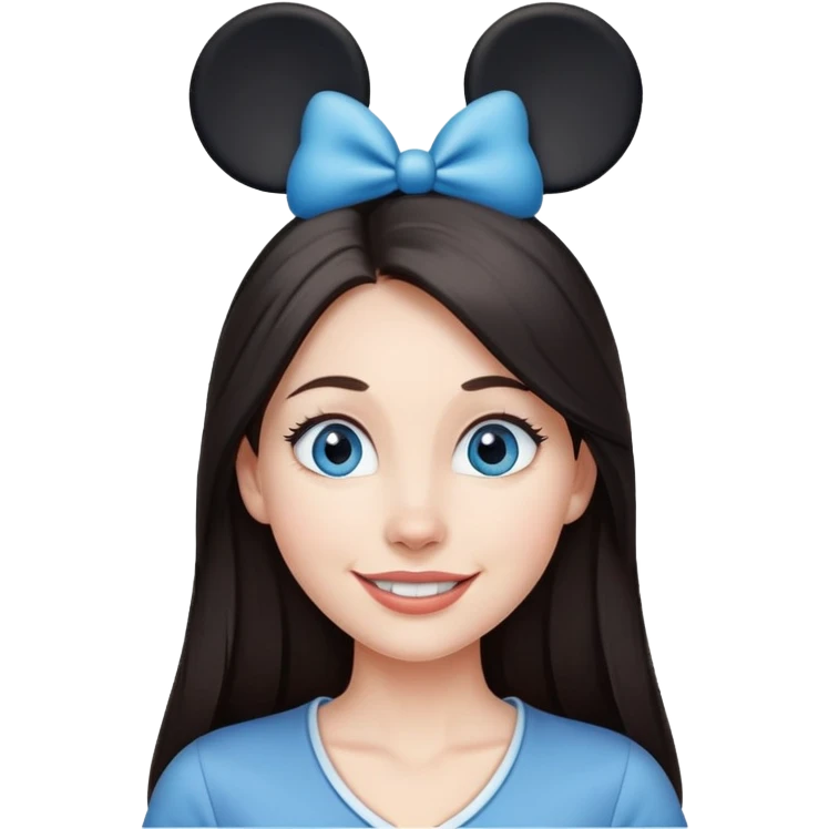 Blue eyes Dark straight long hair woman happy wearing Mickey Mouse ears from Disney world  emoji