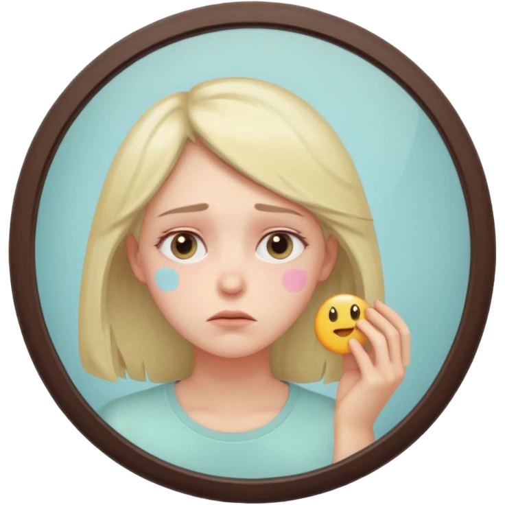 thoughtful tired woman looking in the mirror, gentle pastel tones, soft lighting, emoji style, symbolizes fatigue not ageing emoji