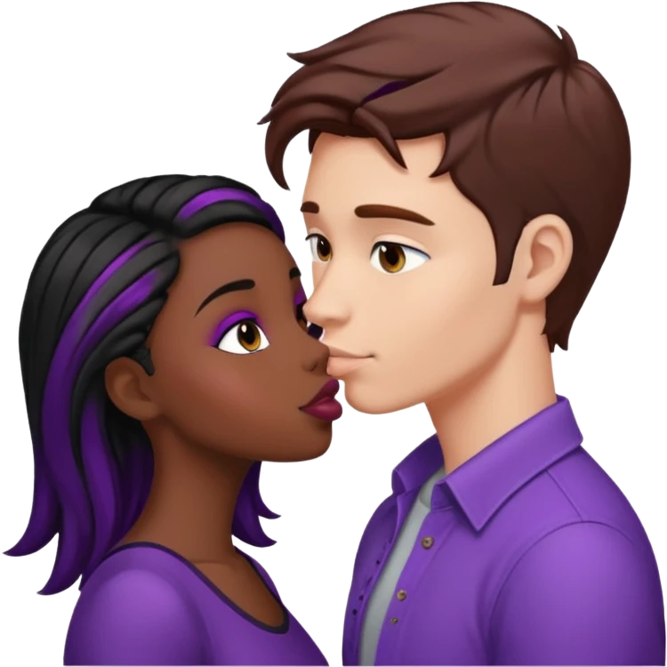 White guy with brown hair kissing black girl with black and purple hair emoji