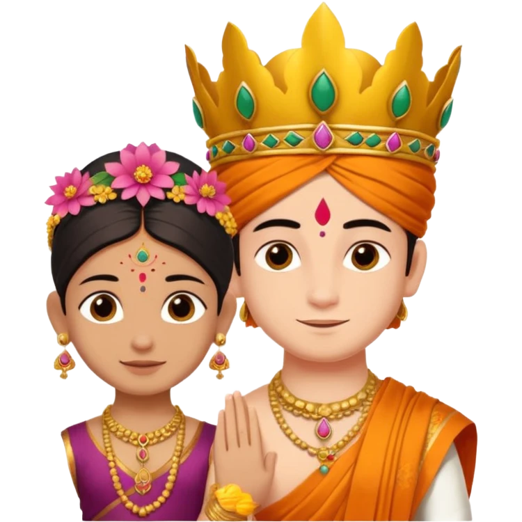 Brahmin boy is thanking to the bharatanatyam dancer. She is in lordess padmavati with golden crown and giant flower garland on her neck. The girl is fat and tall the boy is small. emoji