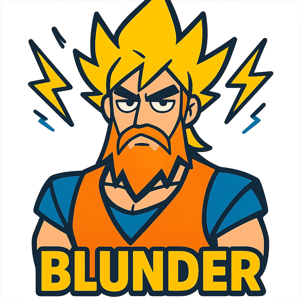 anime style protagonist with super Saiyan hair, long beard, lightning accents, unimpressed face, the word 'blunder' at the bottom emoji