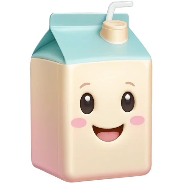 Cinematic adorable milk carton, soft pastel colors, tiny rounded edges, chubby smiling face, warm glowing highlights, gently tilting in a playful pose. emoji