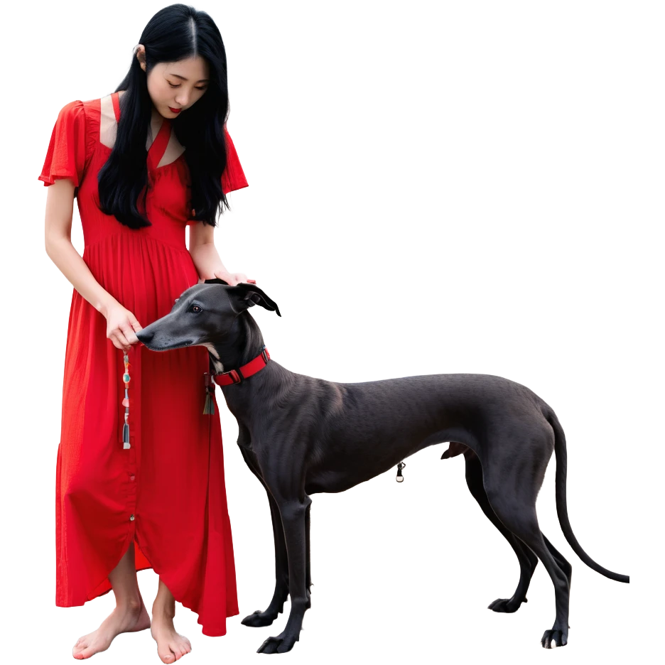 A beautiful 25-year-old Japanese woman with long flowing black hair wearing a stylish red beach dress, gently petting a PURE SOLID DARK GREY whippet with a bright RED COLLAR on a beach at night under a starry sky. The whippet MUST be 100% SOLID DARK GREY with ABSOLUTELY NO WHITE MARKINGS ANYWHERE - specifically NO WHITE on face, NO WHITE on chest, NO WHITE on paws - ENTIRELY ONE CONSISTENT SOLID DARK GREY COLOR throughout. Deep blue night sky filled with bright stars, moonlight reflecting on the ocean, sandy beach in the foreground. emoji
