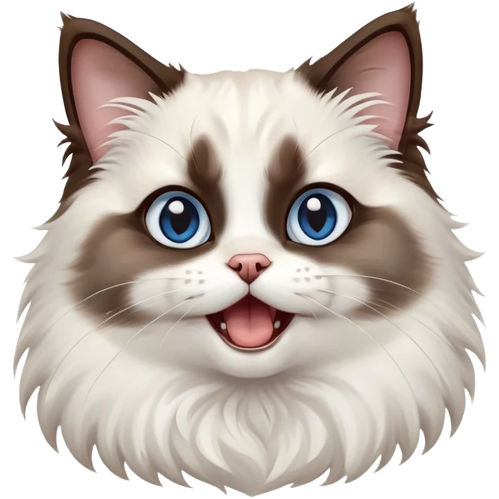 cinematic-adorable-big-eyed-fluffy-dark brown and white ragdoll-cat-portrait-emoji,-head-tilted-playfully-with-a-cute,-yawn,-soft-brown-and white-colored-fur-with-darker-points-on-the-ears,-simplified-yet-irresistibly-cute-features, sparkling blue eyes emoji