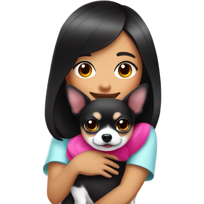 Thick medium black hair with hot pink smile and pink cheek Filipino lady hugging black and white Chihuahua  emoji