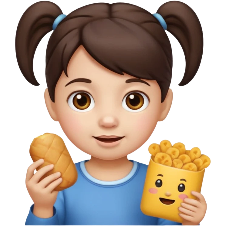 Toddler emoji with two pigtails dark brown hair, fair skin, holding snacks emoji