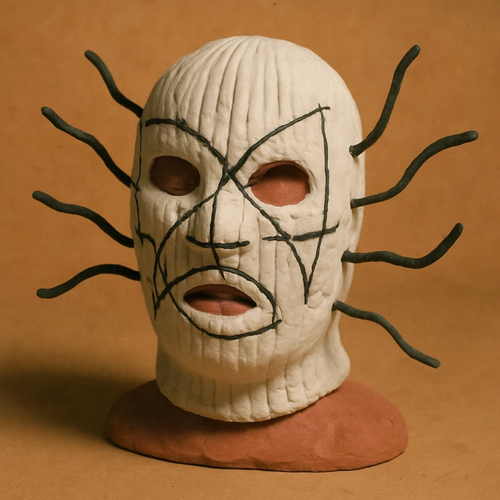 The mask is a full-head, white knitted balaclava with a tight ribbed texture. It features two asymmetrical eye openings and a partially exposed mouth area. Black thread is stitched across the surface in chaotic, abstract lines that trace facial features, giving a hand-drawn effect. Several black cords extend outward from the mask, varying in length and direction, adding a sculptural, almost organic appearance. The overall look is bold, handcrafted, and visually striking. emoji