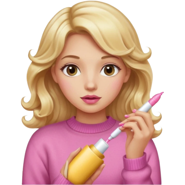 A long curled blonde haired girl with a pink sweater and holding a lip gloss emoji