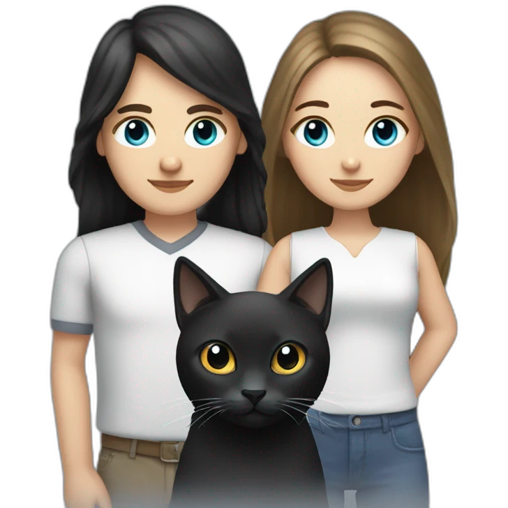 white female with blue-gray eyes and long hair with white male with dark long bob hair and brown eyes holding black cat emoji