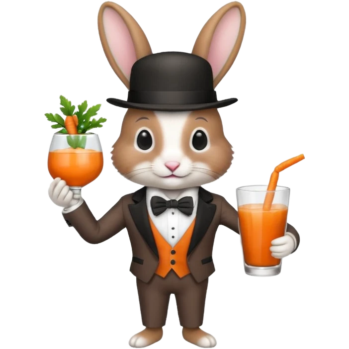 rabbit wearing suit, bowtie and top hat, holding glass of carrot juice emoji