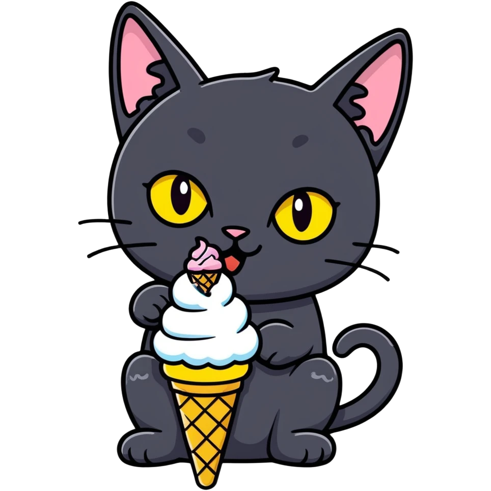 A black cat with yellow eyes eating an ice cream emoji
