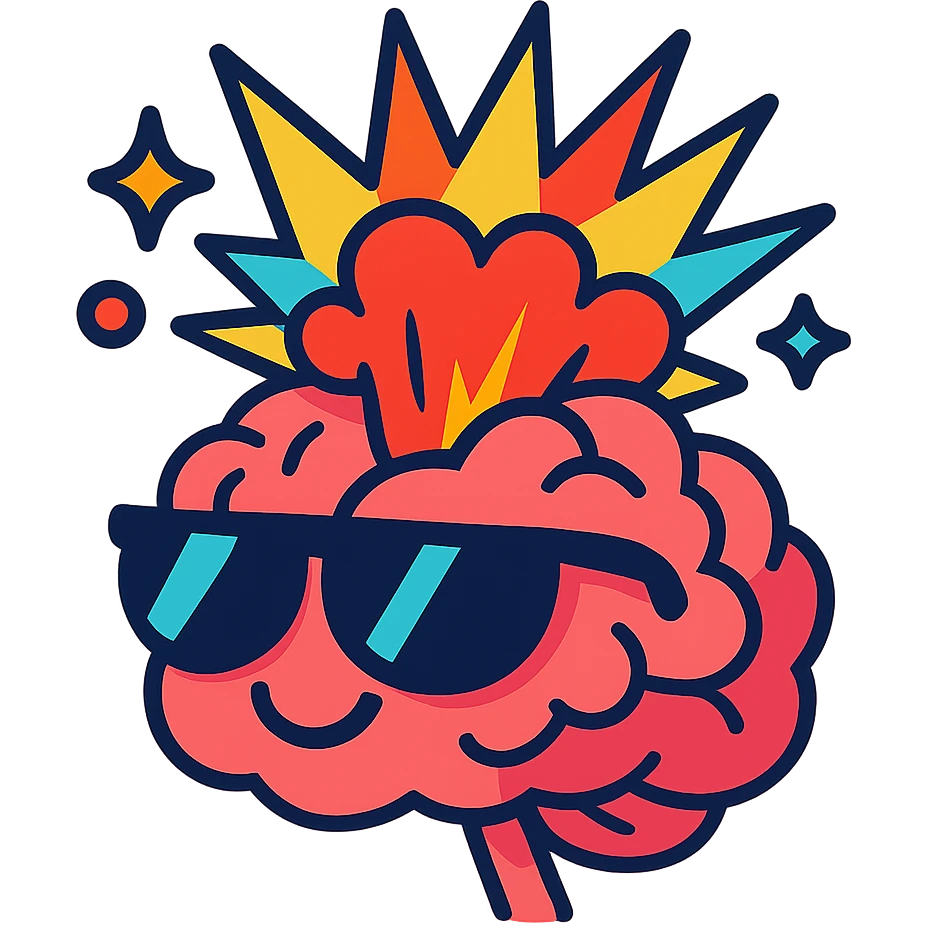 cartoon brain wearing sunglasses, top of the brain exploding in a dramatic, colorful burst, expressive and fun emoji