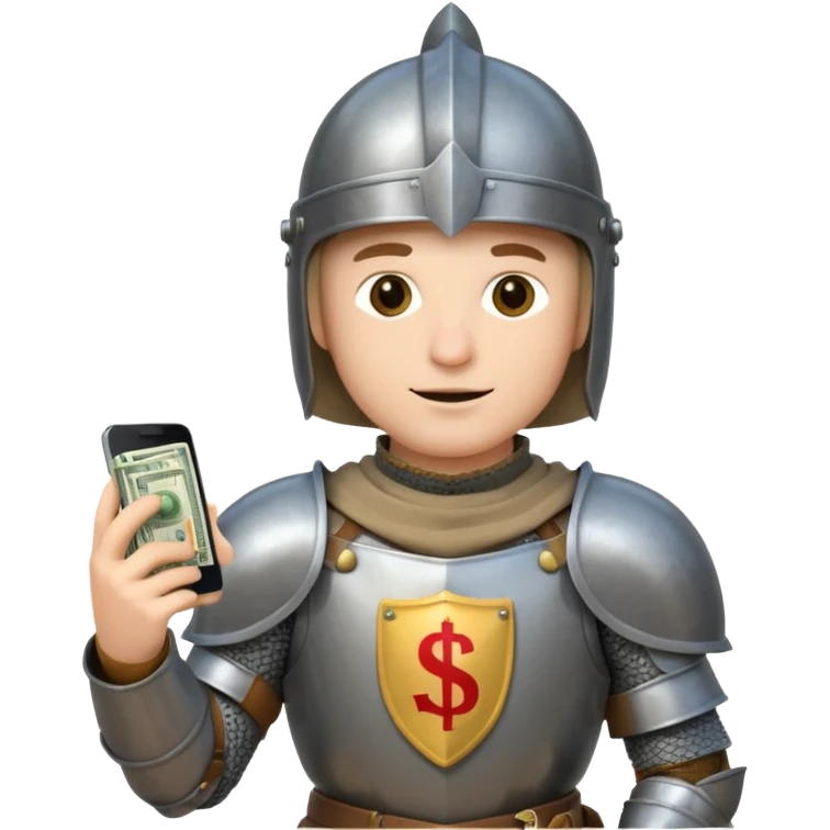 Knight with helmet holding phone and money emoji