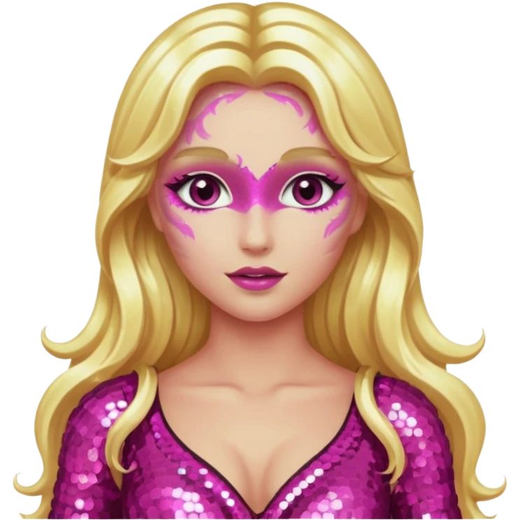 Venus, Love Goddess with metallic pink skin, long blonde hair, dark pink sequin outfit emoji
