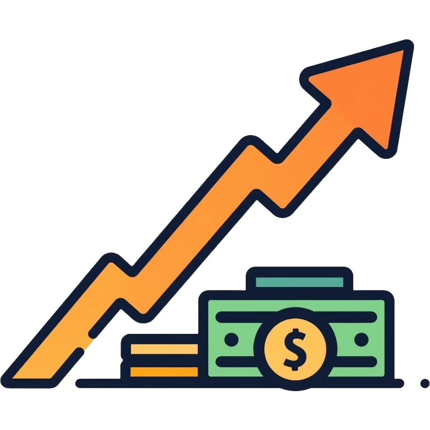 upward arrow next to increasing stacks of money bills and coins, financial growth emoji