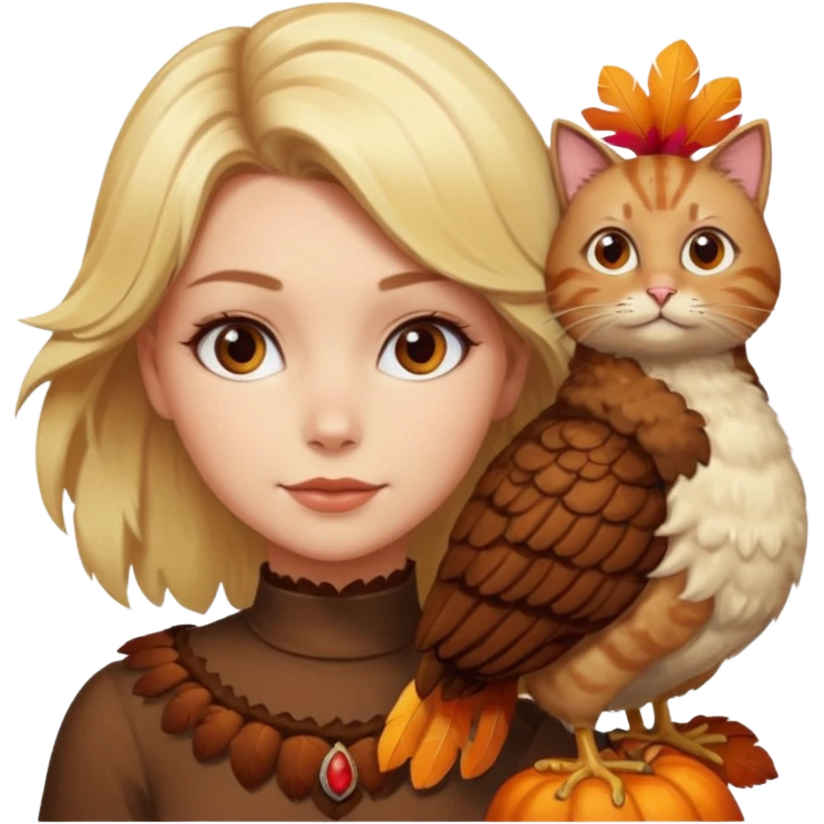 A blonde woman with a thanksgiving turkey cat emoji
