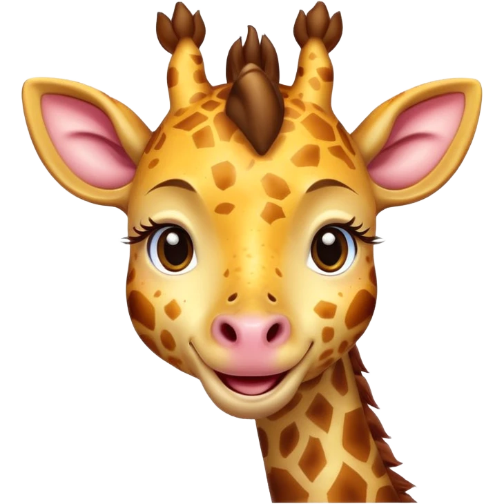 An adorable cartoon giraffe face with one eye slightly closed in a wink, a big cheerful smile, and a tiny raised hoof waving hello. Rosy cheeks, sparkles in the eyes, and a warm yellow-brown palette. The expression should feel inviting, like a happy 'Hi chat!' Perfect for greetings emoji