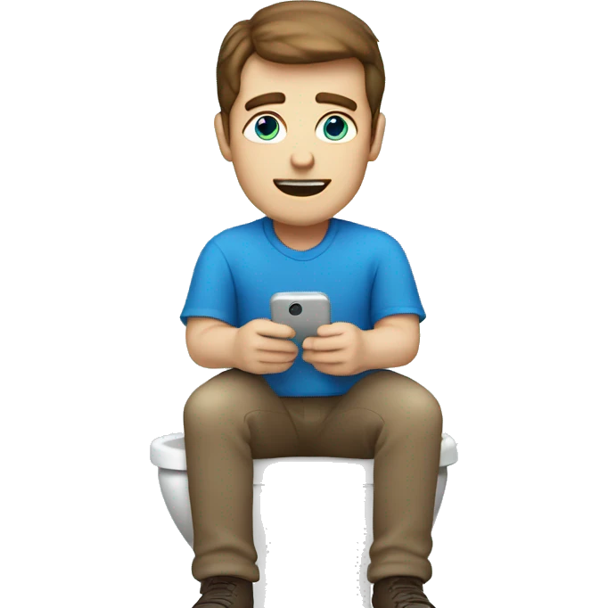 White man with brown hair and blue eyes sitting on the toilet holding a phone emoji