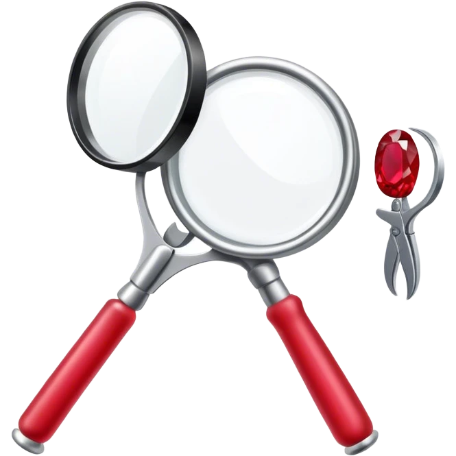 Jewelry art icon, a ring with a ruby, magnifying glass, and pliers, minimalistic style, clean lines, transparent background. emoji