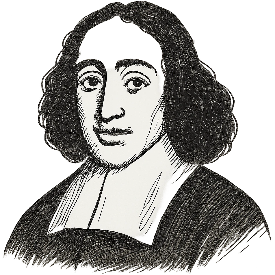 Make the Spinoza black outline icon more detailed, with refined facial features, long curly hair, and a 17th-century collar, keeping the hand-drawn outline style. emoji