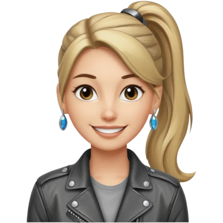 A cool woman with long hair tied in a ponytail, sparkling gray eyes, and smooth, fair skin; very beautiful. emoji