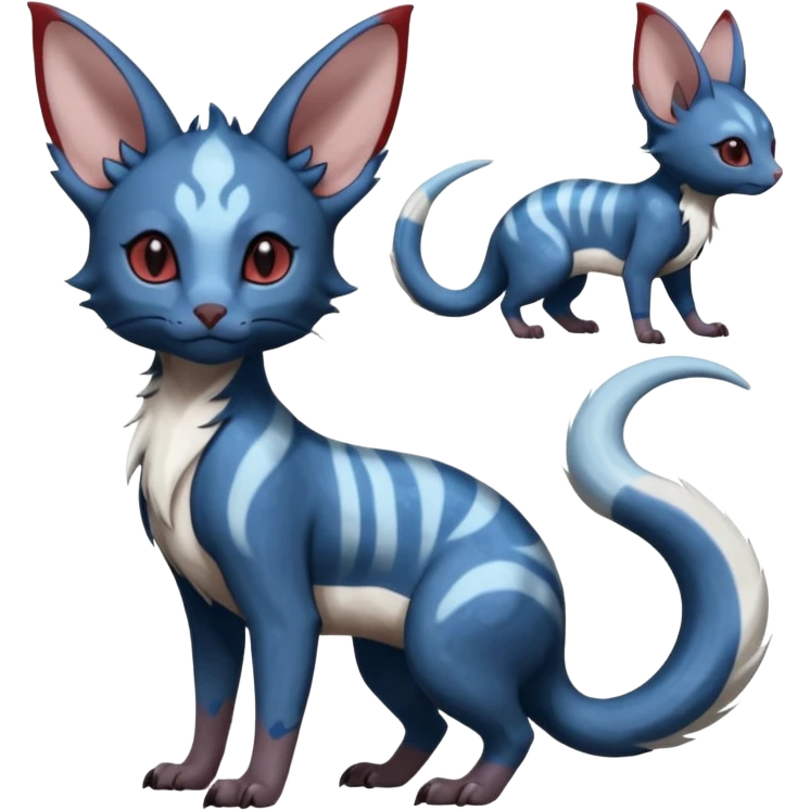 Dark Brown-Oily deep-blue-glittery Minccino-Lykoi-Emolga-Sphynx-Linoone-Zangoose-fusion-hybrid-animal-Fakémon-creature, full body, thin long sleek scaly tail, intricate markings emoji