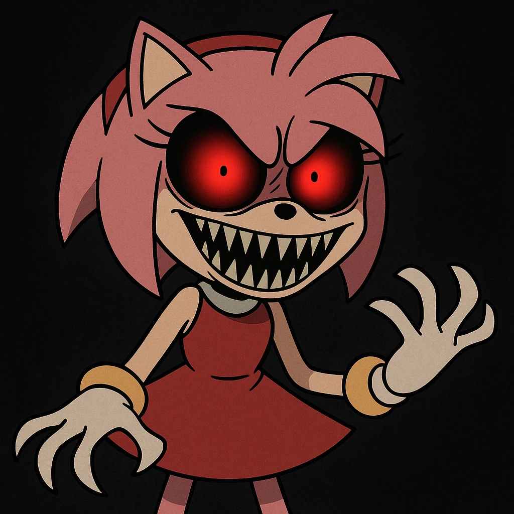 Amy Rose from Sonic, with a scary face, horror cartoon style, glowing red eyes, sharp teeth, dark background emoji