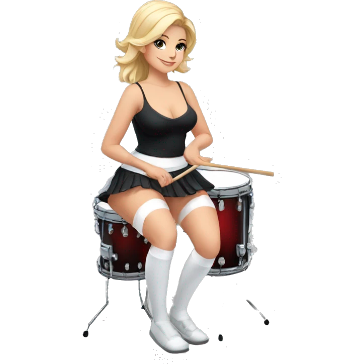 alistic full body caucasian curvy beauty short black skirt front view knickers long white socks sitting playing red drumkit emoji