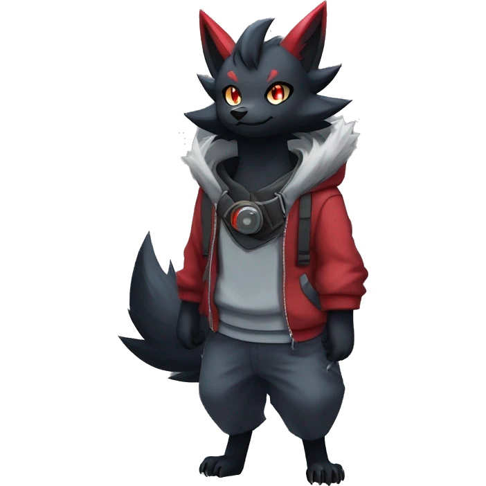 Cool Edgy Zorua-Zoroark-Mightyena with a collar and hoodie-sweater and harness on, full body emoji